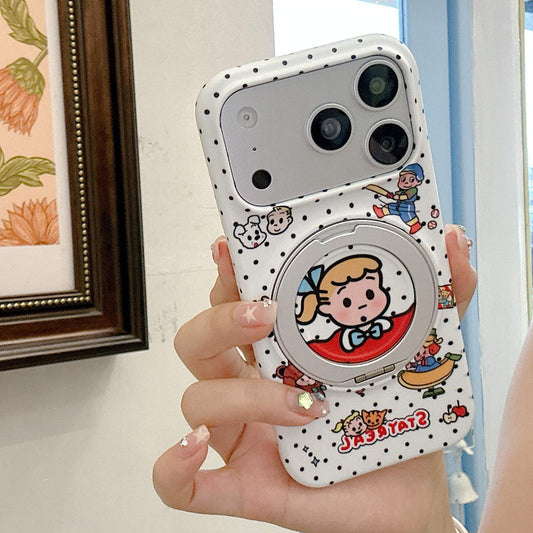Hand holding the white polka dot phone case vertically with retro Japanese cartoon graphics visible.