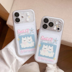 Two Korean-style cute dog clear iPhone cases held together showing thin protective bumpers.