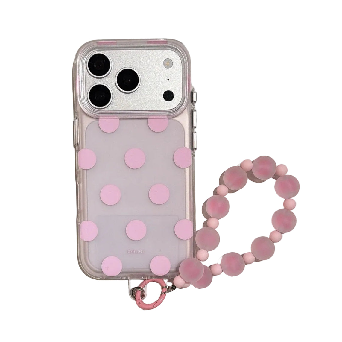 Studio view of a sweet pastel pink polka dot clear iPhone case with a matching pink matte jelly beaded wrist strap.