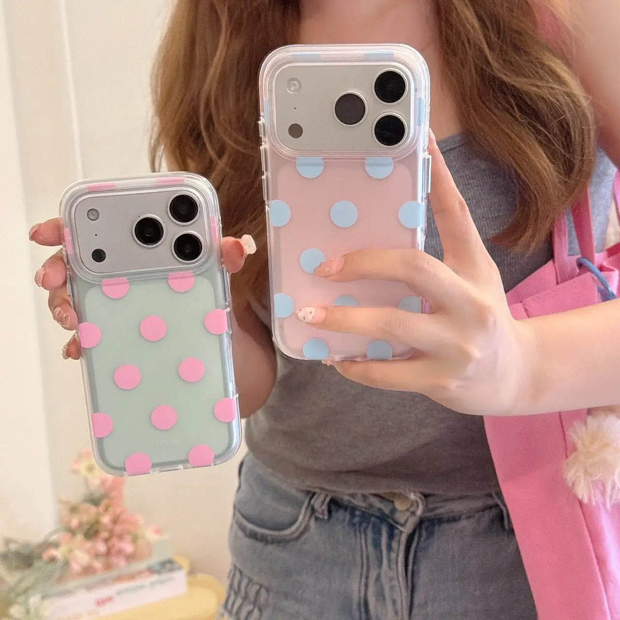 Two pastel polka dot clear iPhone cases with raised dots and clear bumper