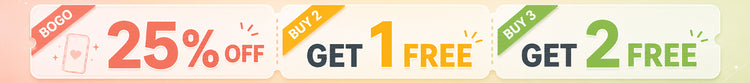 Wide phone case discount banner featuring BOGO 25% off and multi-buy free item offers.