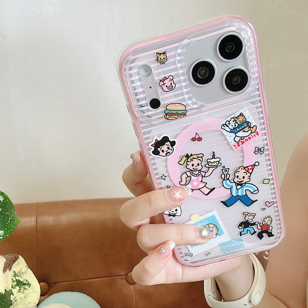 Pink cartoon couple iPhone case with heart grip displayed upright.