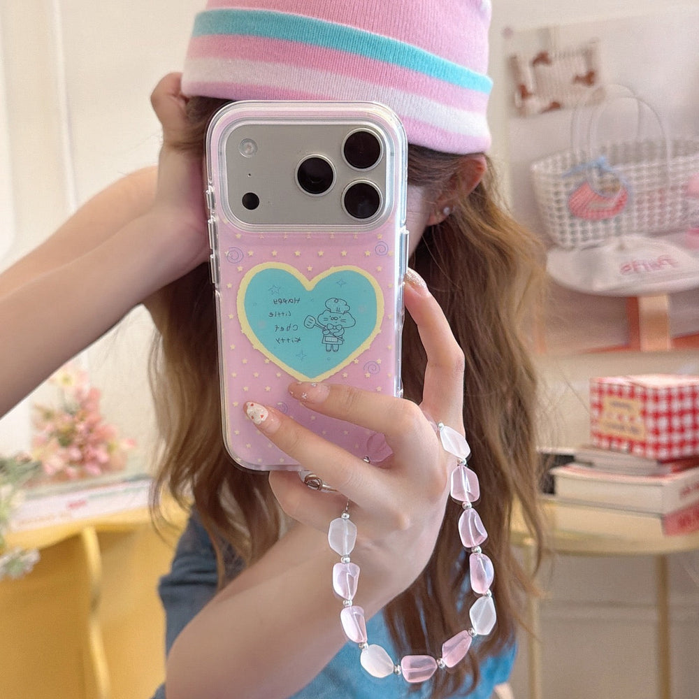 Pink heart clear iPhone case with cat artwork