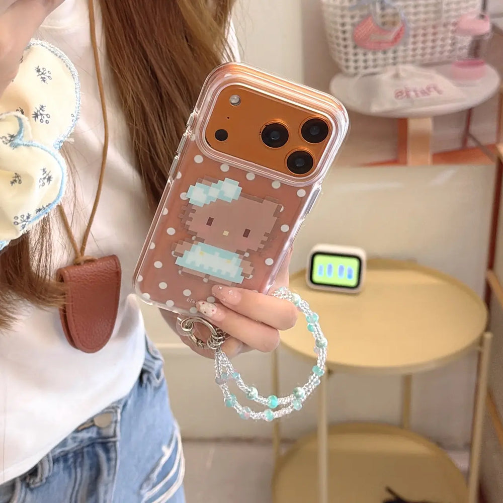 Pixel kitty clear iPhone case with blue bow and beaded wrist strap