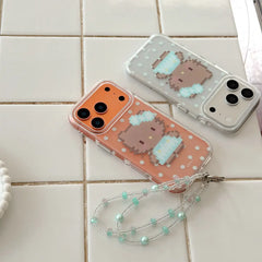 Two pixel kitty polka dot iPhone cases with clear bumper and beaded strap