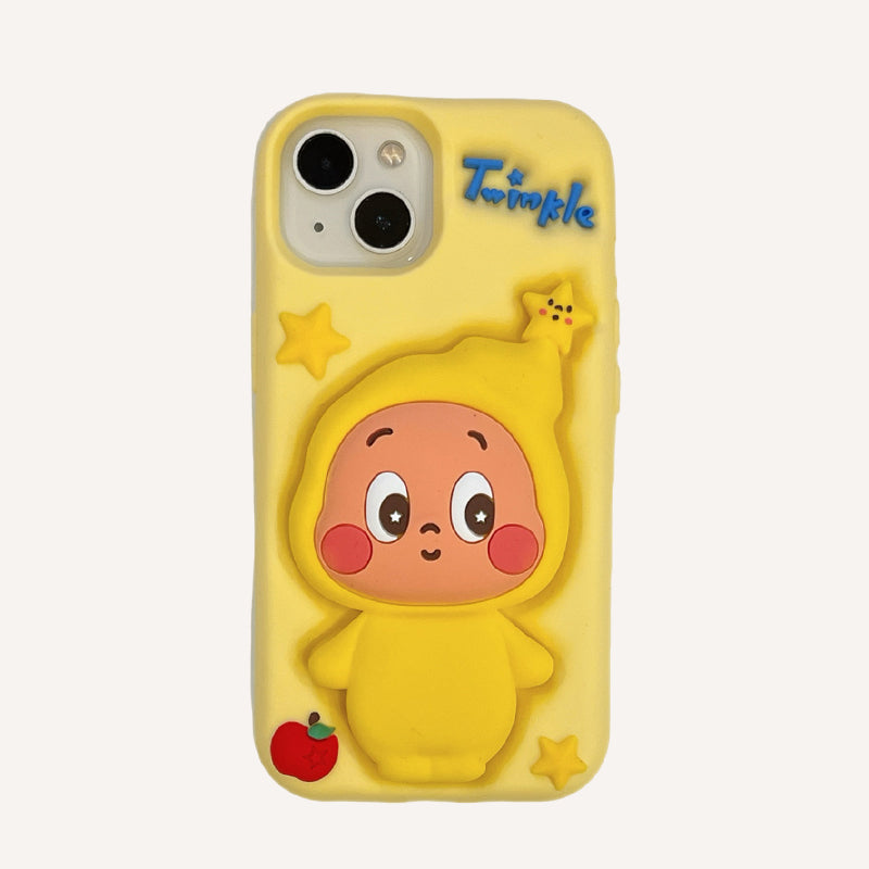 A front studio shot of a bright yellow silicone phone case for iPhone 17 featuring a premium 3D relief of the cute Pop Mart Twinkle Twinkle star character, decorated with yellow stars and a tiny red apple against a clean plain background.