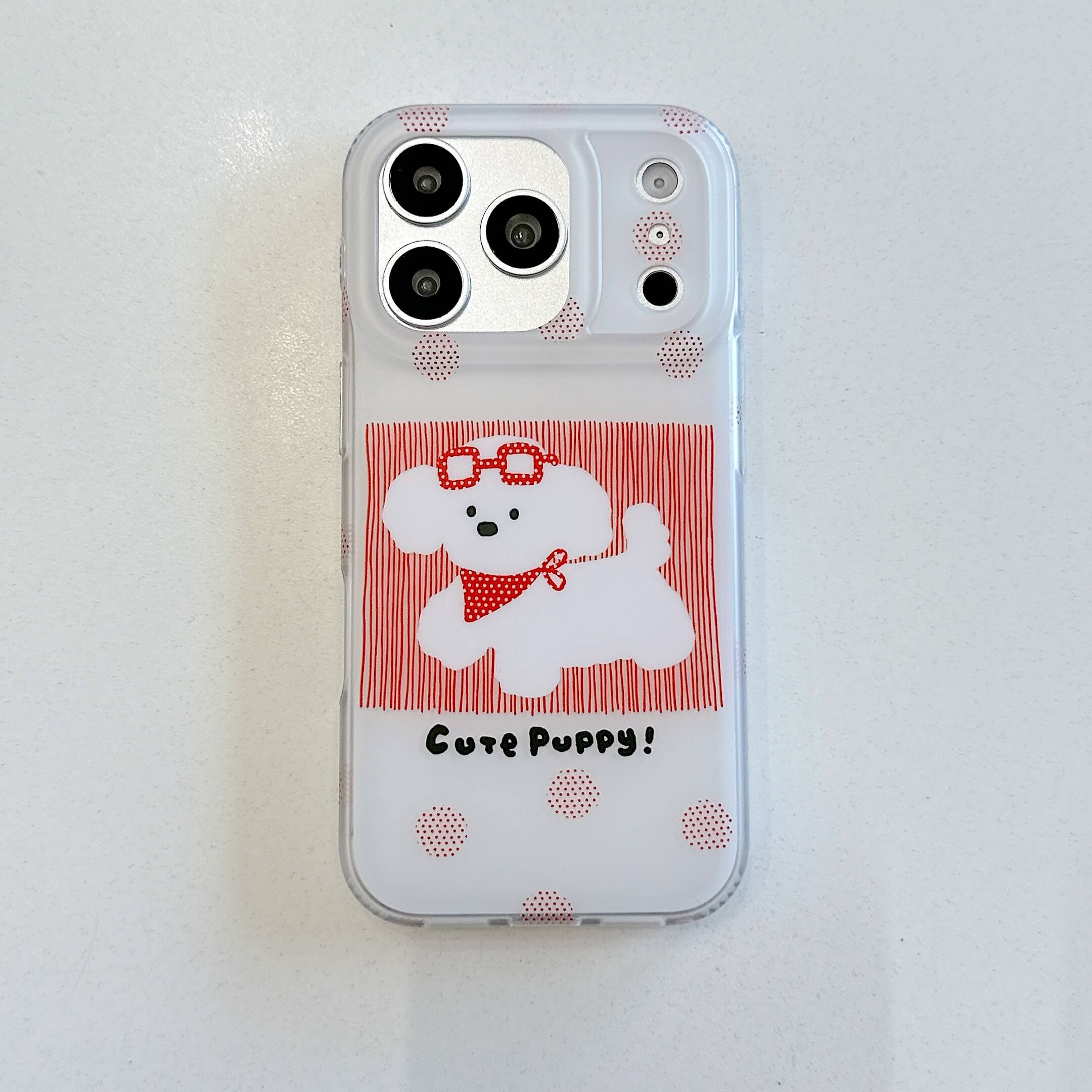 Front view of a red cute puppy iPhone case with clear bumper.