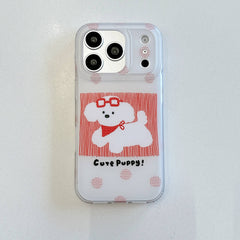 Front view of a red cute puppy iPhone case with clear bumper.