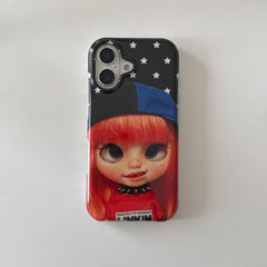 Front product view of a red-haired Y2K doll iPhone case with white stars.