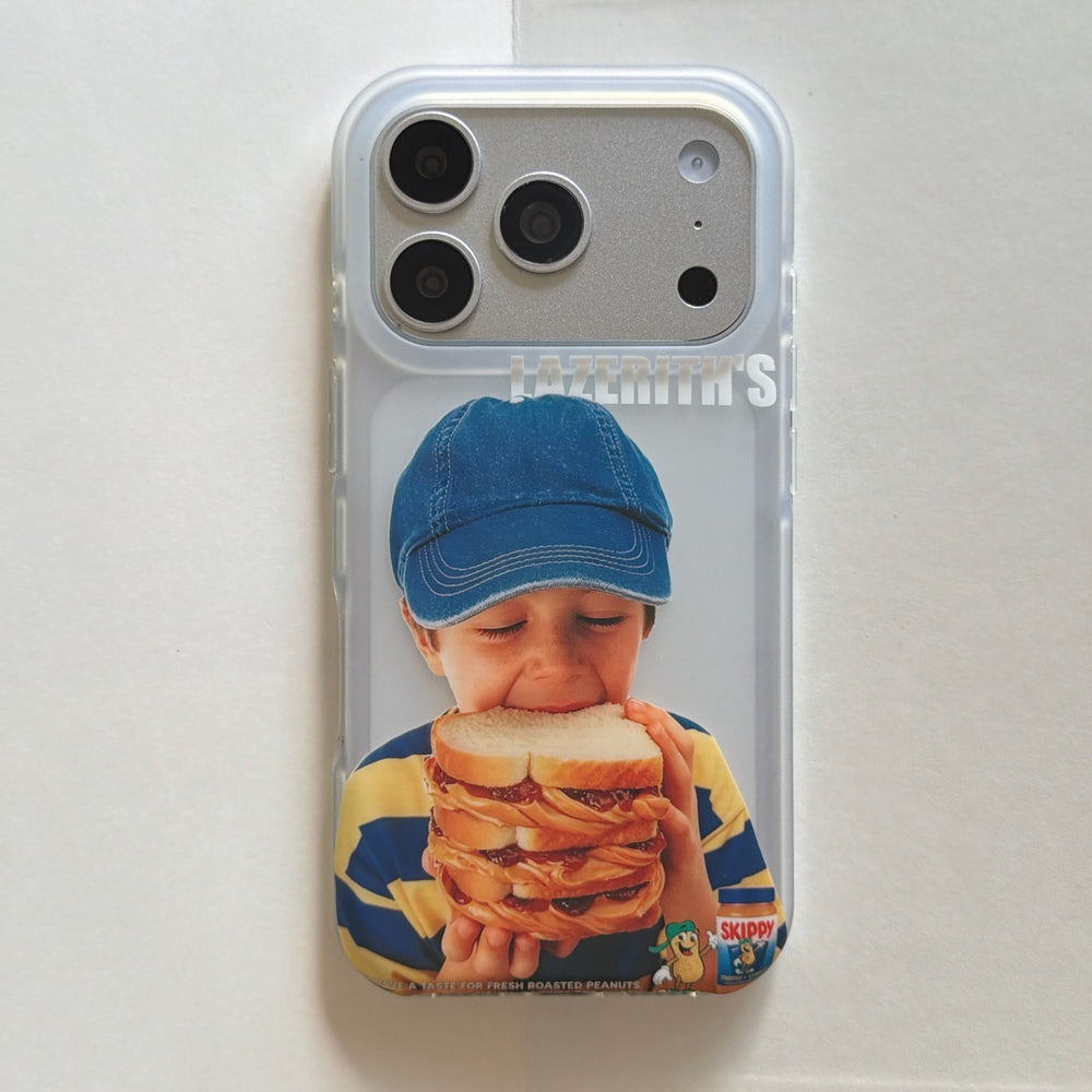A flat lay vertical view of a retro boy eating sandwich clear iPhone case.