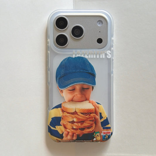 A flat lay vertical view of a retro boy eating sandwich clear iPhone case.