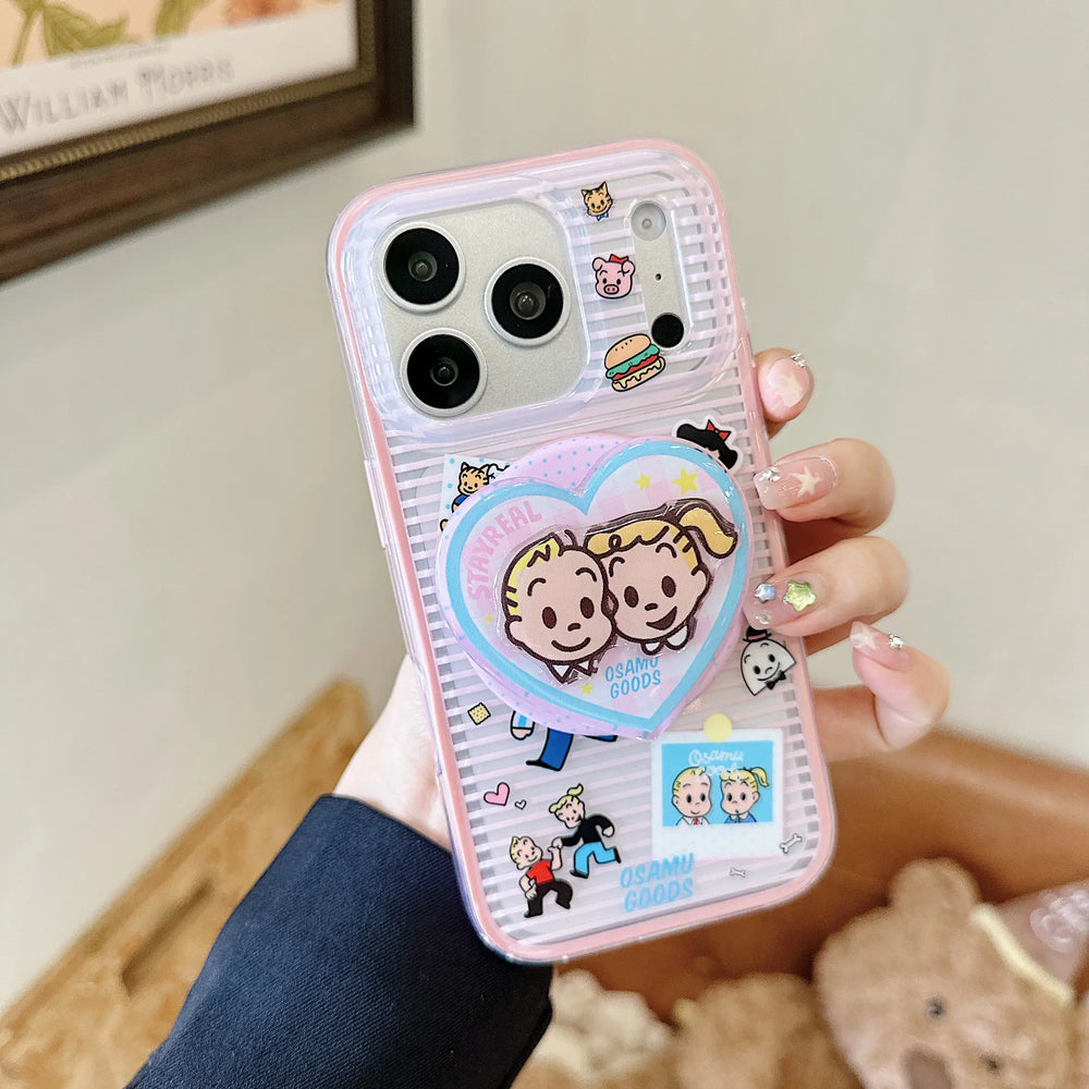 Front view of pink clear cartoon couple iPhone case with heart-shaped grip.
