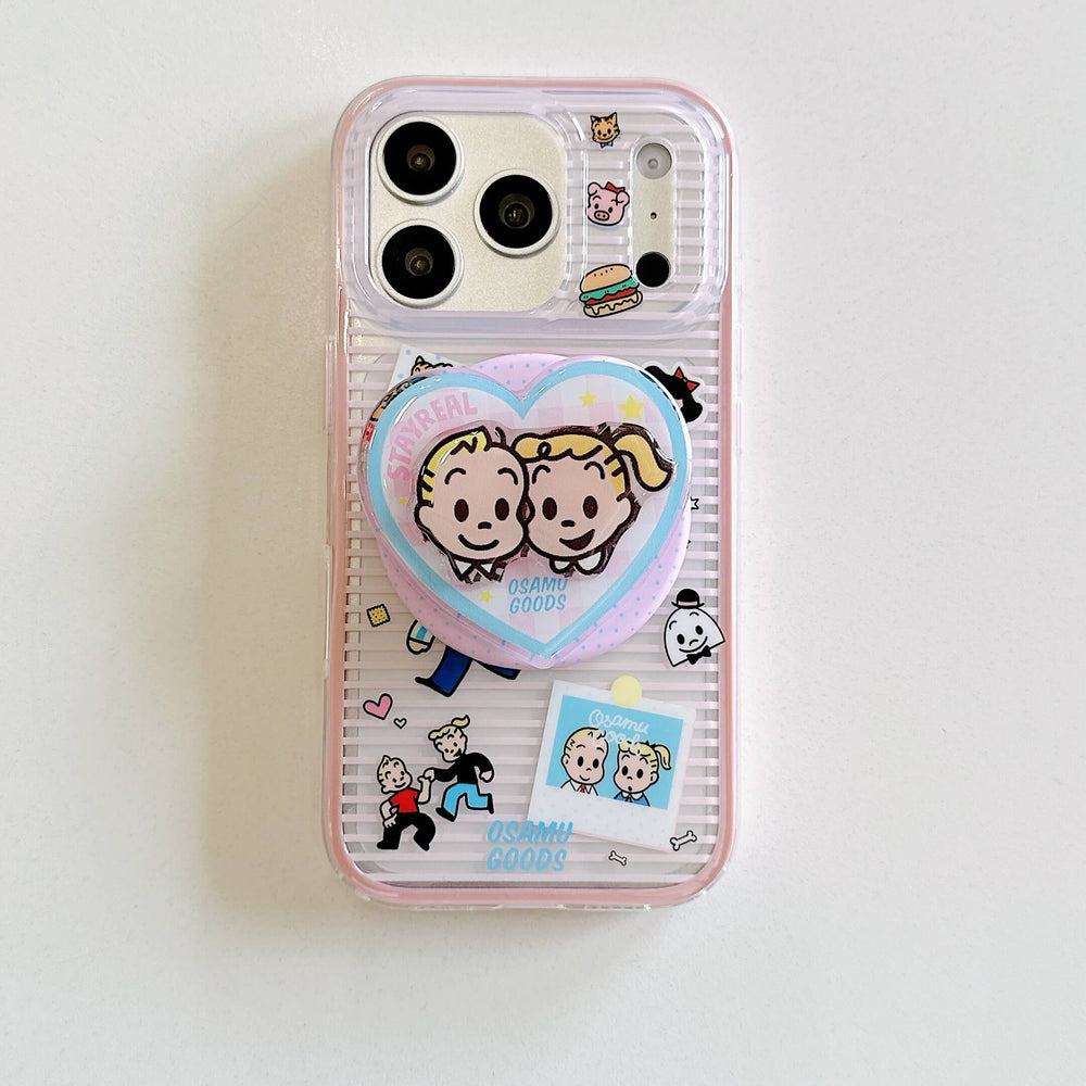 Handheld retro cartoon couple iPhone case with heart-shaped grip stand.