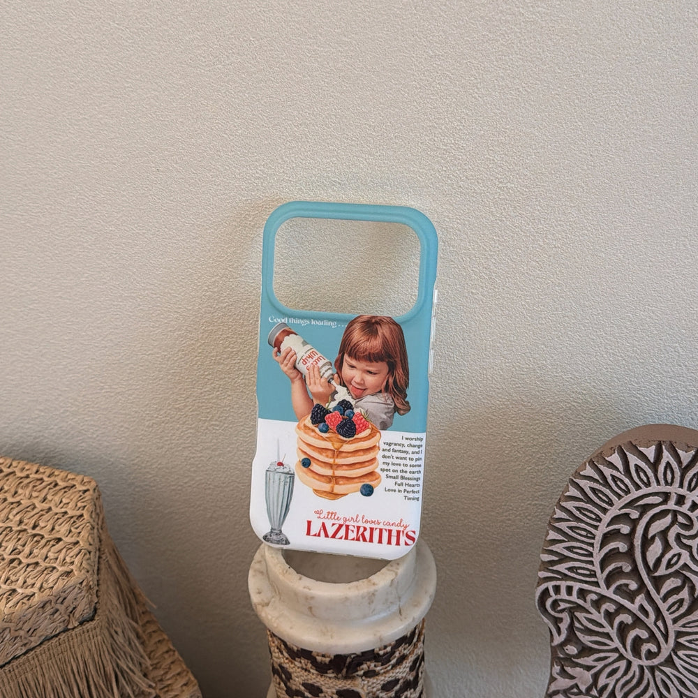A retro girl pancake phone case displayed vertically on top of a small marble pillar stand.