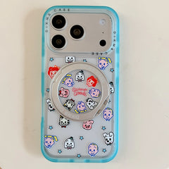A retro illustration cartoon phone case sitting flat on a wooden table next to an open book.