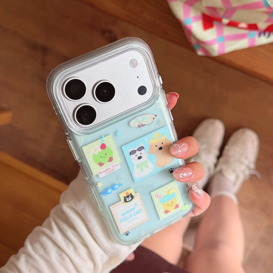 A lifestyle view of a transparent mint green phone cover with cute animal graphics held by a girl wearing sneakers.