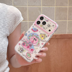 Hand holding a retro music kitten clear phone case against a neutral tiled background.