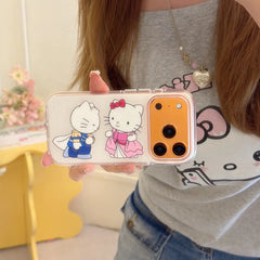 Woman holding a royal kitty couple clear iPhone case with princess and prince artwork
