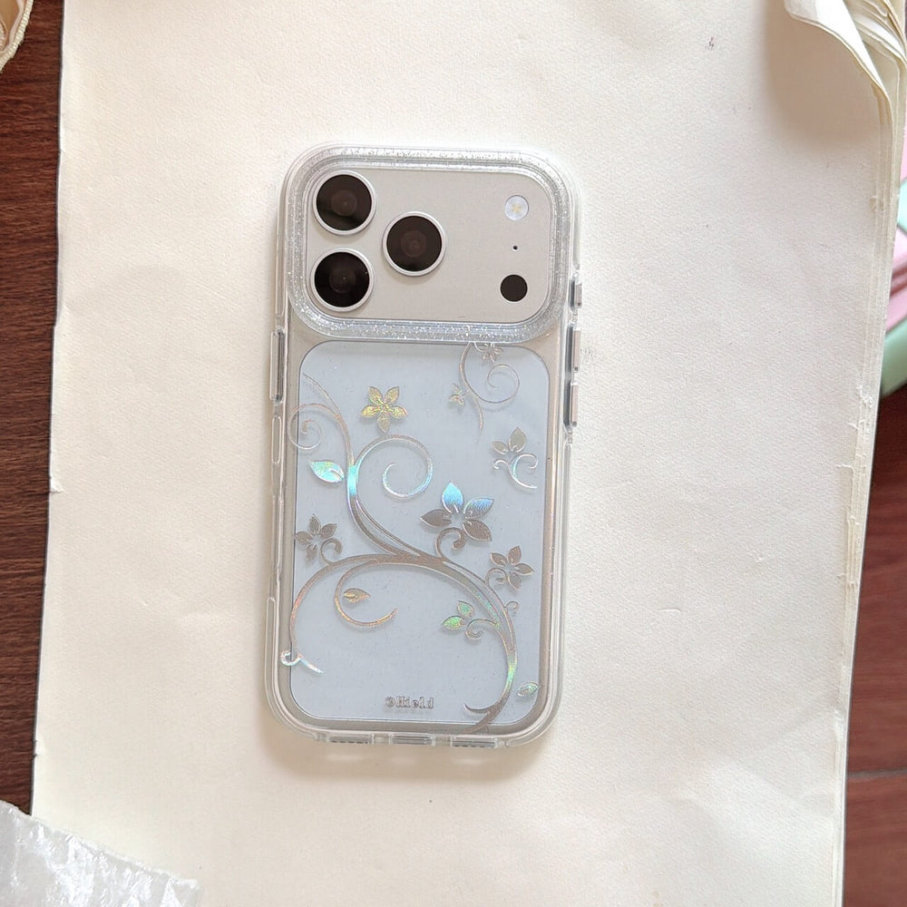 Silver floral vine clear iPhone case on white background