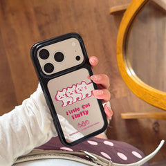 Close-up of a silver HD selfie mirror case for iPhone with crisp reflections and pink cartoon cat art.