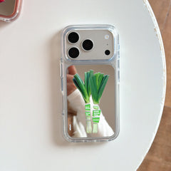 Product view of the silver scallion leek graphic mirror iPhone case showcasing the reflective back panel.