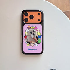 Flat lay of the Tamagotchi mirror phone case with an orange camera plate on a white background.