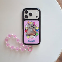Flat lay of the Tamagotchi mirror phone case with a silver camera plate and pink beaded charm on a white background.