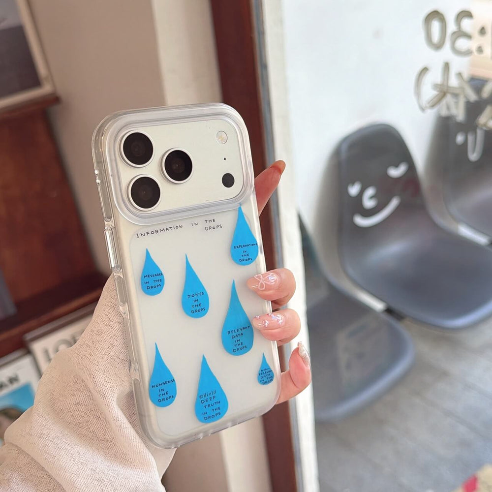 Transparent iPhone case with blue raindrop text graphic