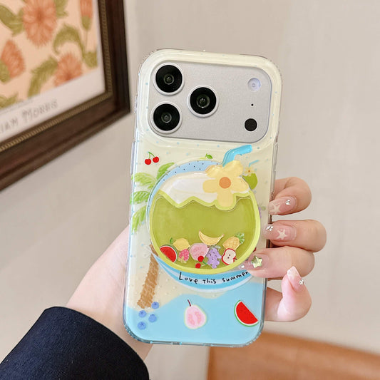 Lifestyle view of a tropical iPhone case with a green coconut grip stand.