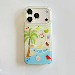 Front view of a clear tropical fruit iPhone case with palm tree artwork.