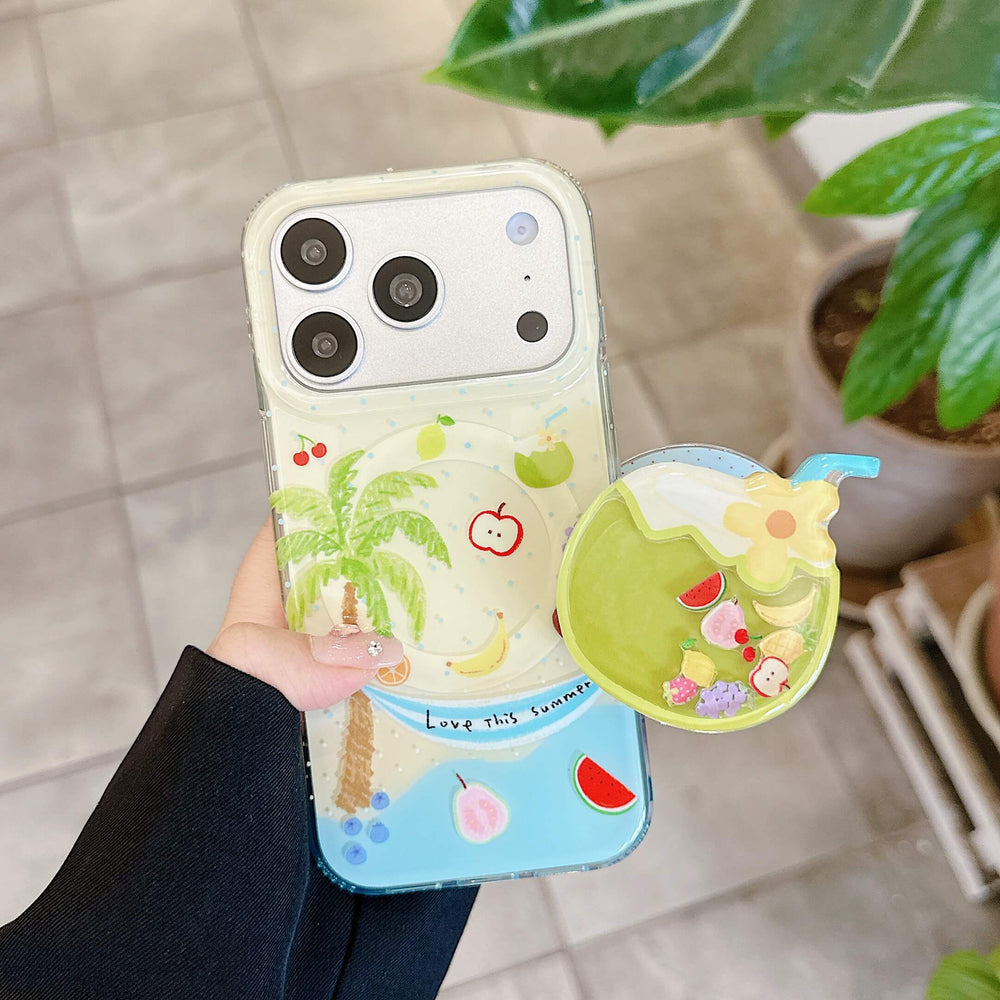 Tropical fruit iPhone case displayed beside a matching coconut grip.