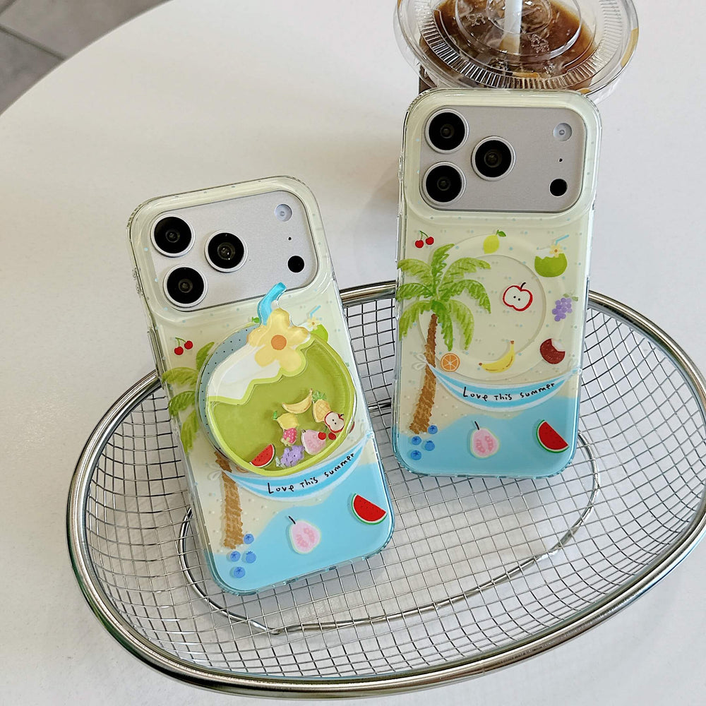 Two tropical summer iPhone cases displayed with fruit and palm tree prints.