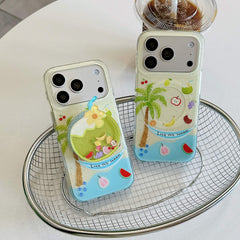 Two tropical summer iPhone cases displayed with fruit and palm tree prints.