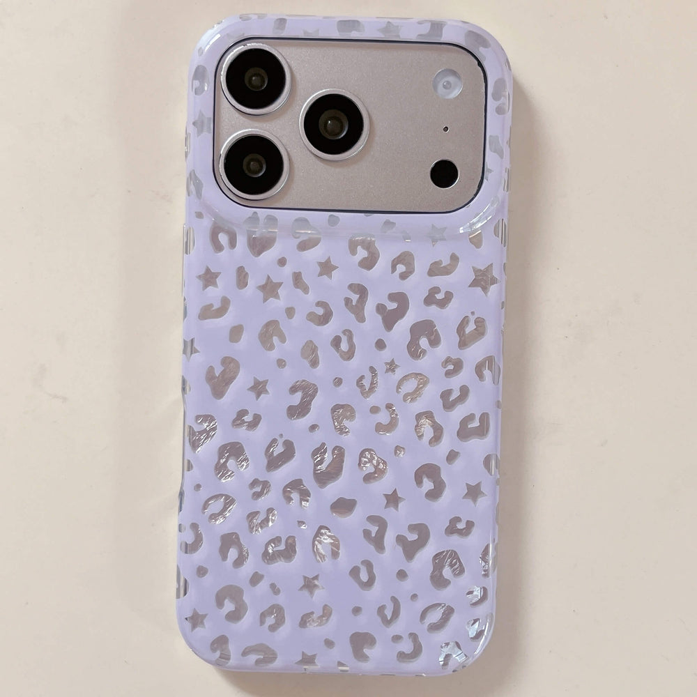 Light lavender purple wavy phone case featuring silver foil star leopard patterns for iPhone Pro models.