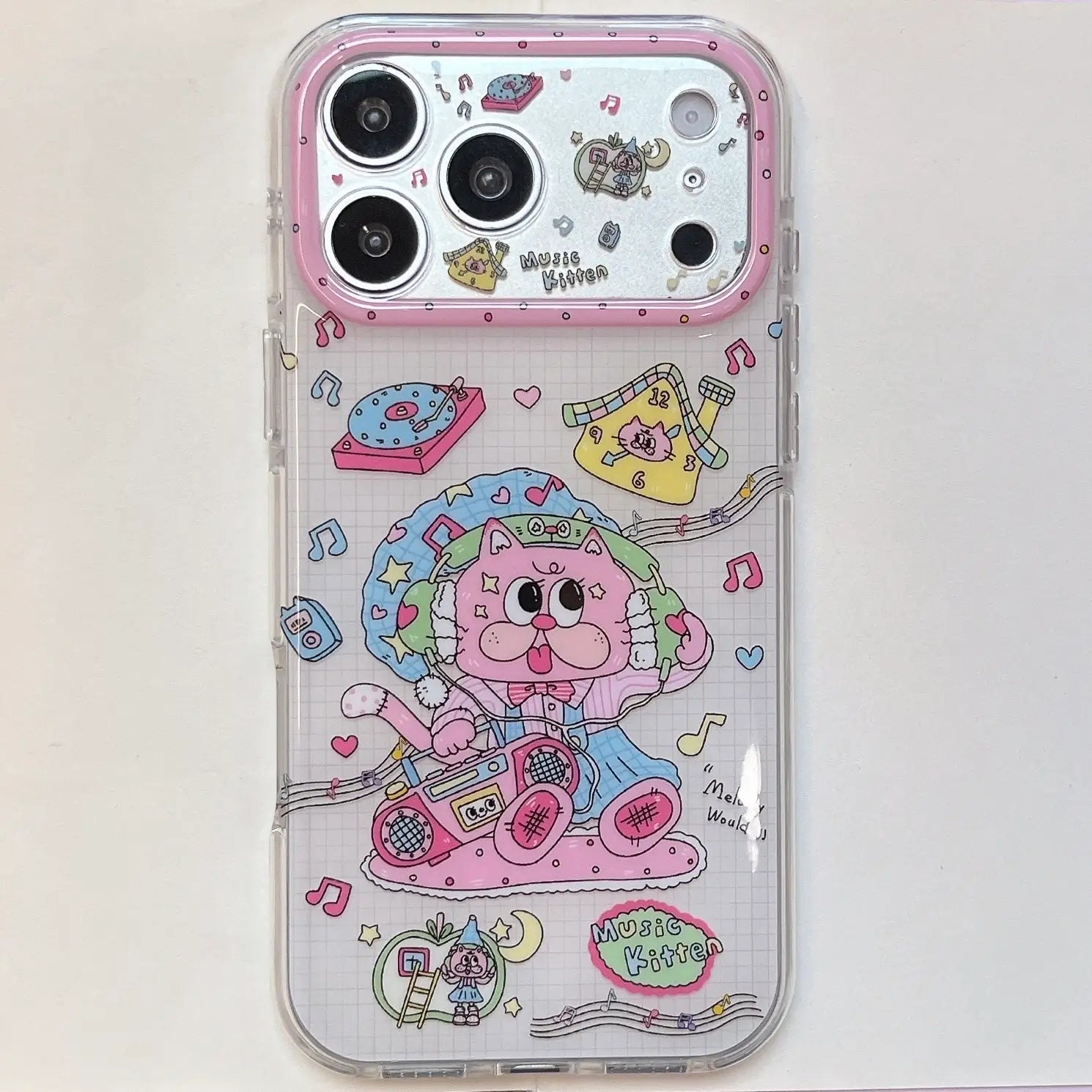 Flat lay back view of a Y2K pop art pink cat phone case for iPhone Pro Max.