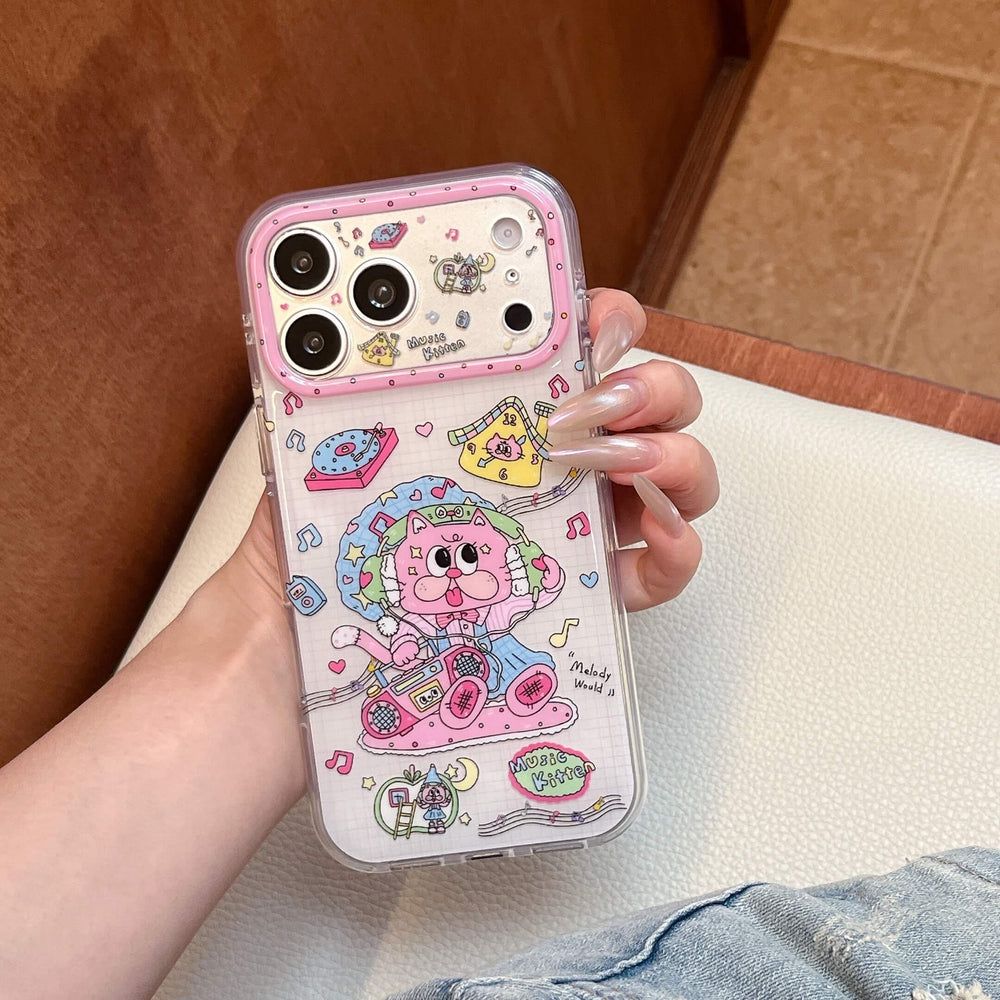 Hand holding a Y2K retro cartoon pink kitten iPhone case with a pink camera frame.