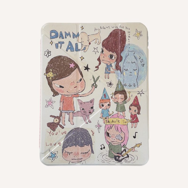 Clean product display of a Yoshitomo Nara inspired iPad case front cover with a whimsical colorful doodle art pattern on a solid neutral background.