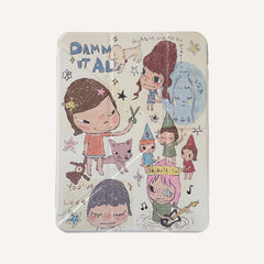 Clean product display of a Yoshitomo Nara inspired iPad case front cover with a whimsical colorful doodle art pattern on a solid neutral background.